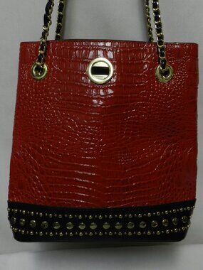 M.C. Macy Leather snake embossed shoulder bag purse chain strap back pocket red